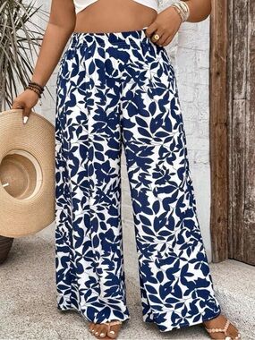 #11 Wide Leg Floral Print Pants - Navy & White